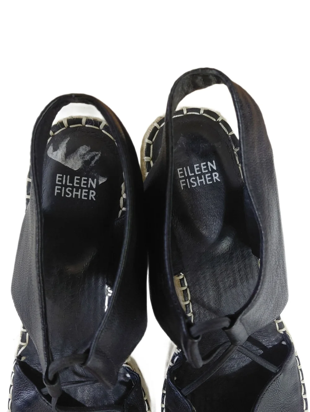 Eileen Fisher Black Leather Espadrille Wedge Sandals Size 10